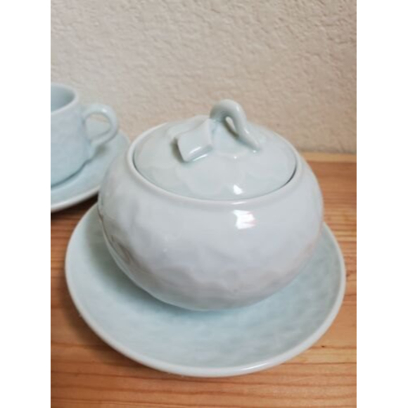 10 Piece Tea Cups Saucers Creamer‎ Set Chinese Pale Green Textured Floral - Picture 5 of 10